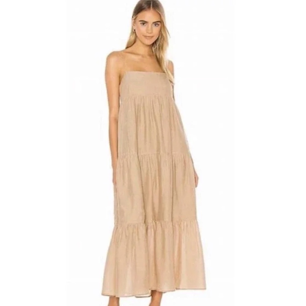 L'Academie Strapless Tiered Maxi Dress in Beige
